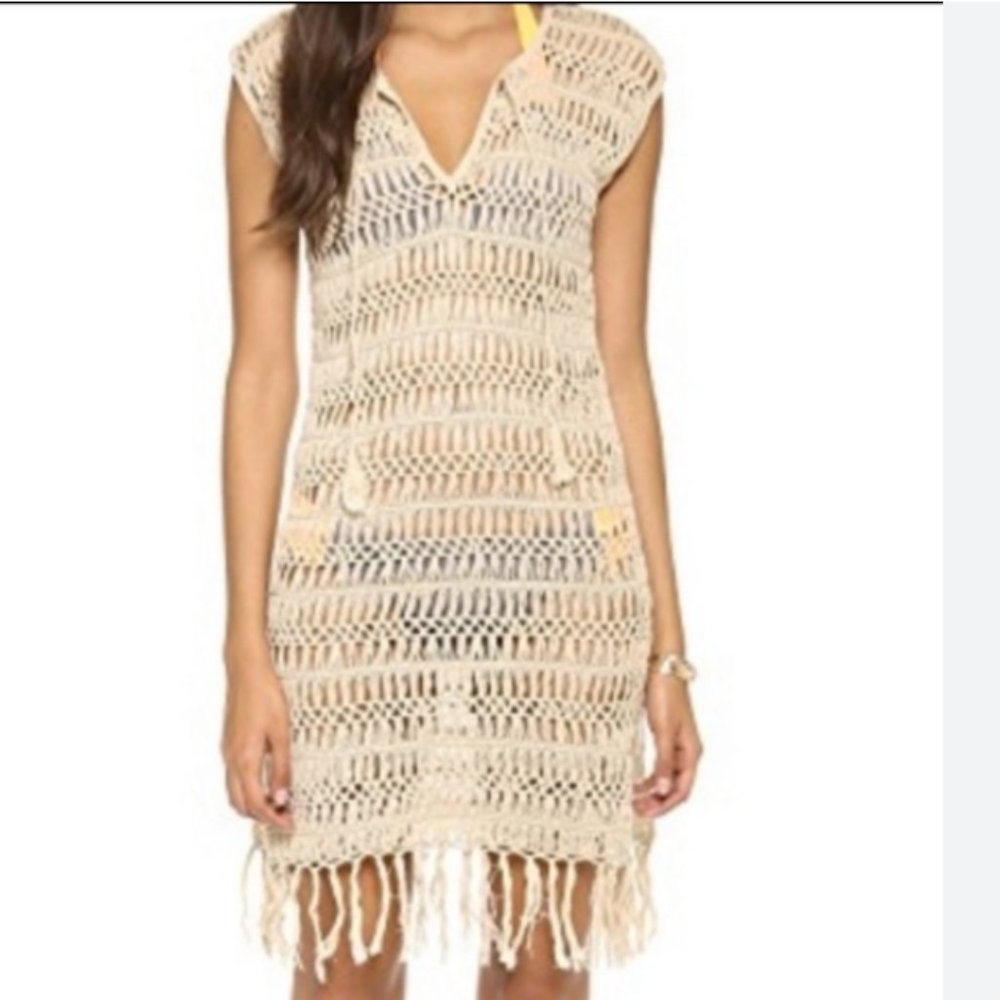 Melissa Odabash Taupe Crochet Swim Cover Up Dress Tassel Trim (M)